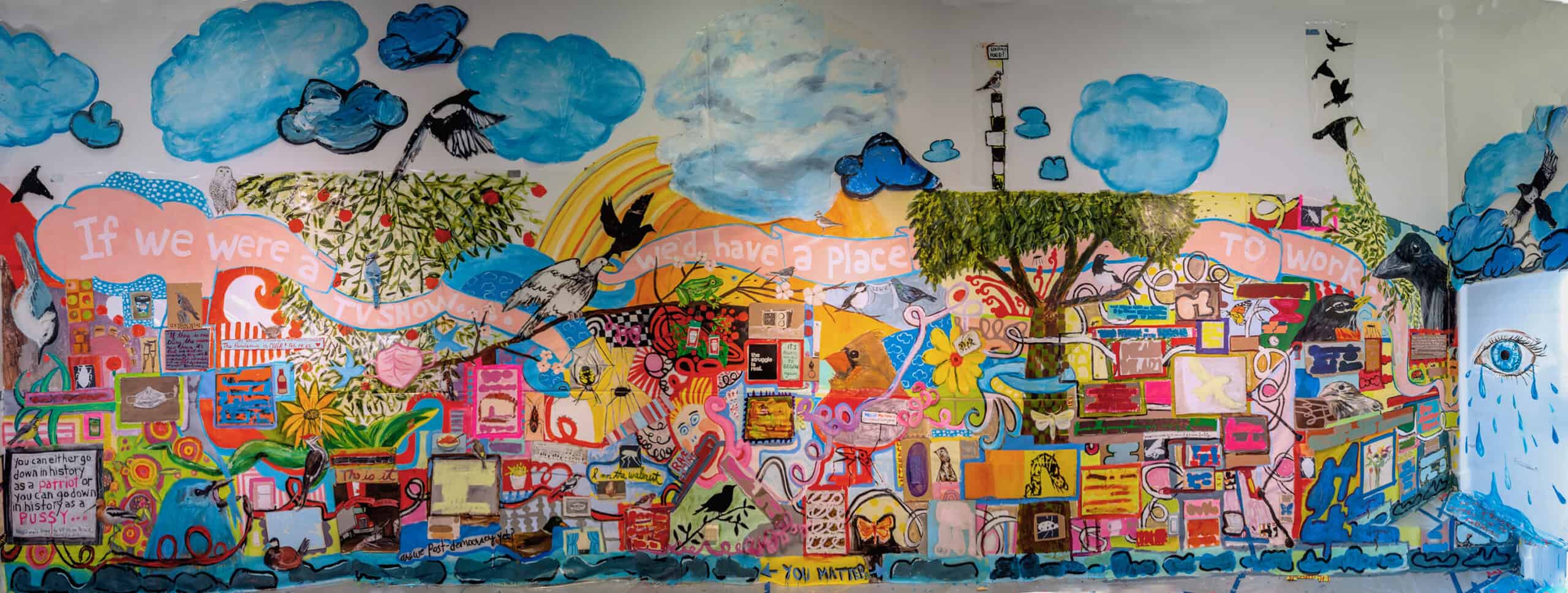 Mural: If we were a TV show, we'd have a place to work, acrylic on plastic. (photo by John Penner)